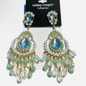 Ashley Cooper Gold-Tone Aqua Blue and Light Green Teardrop Chandelier Earrings